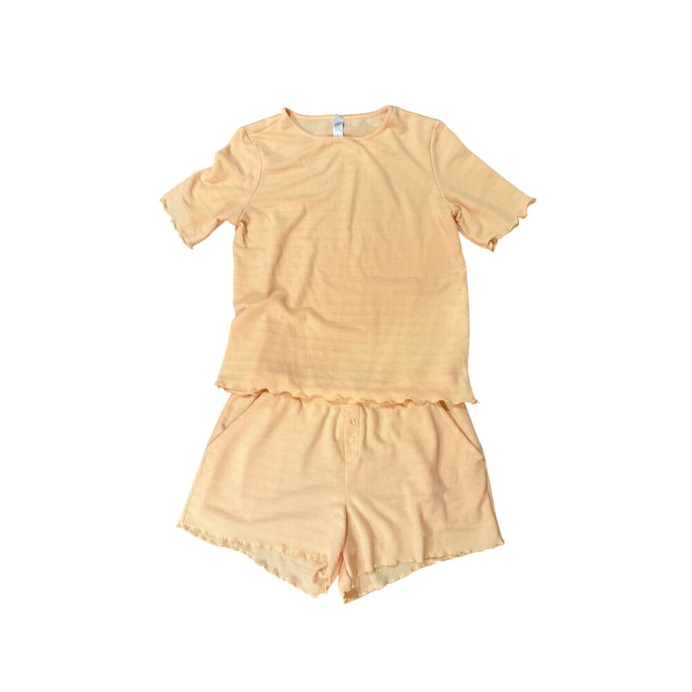 Stars Above Women's Pastel Orange Short Sleeve Lettuce Hem Pajama Set S/M